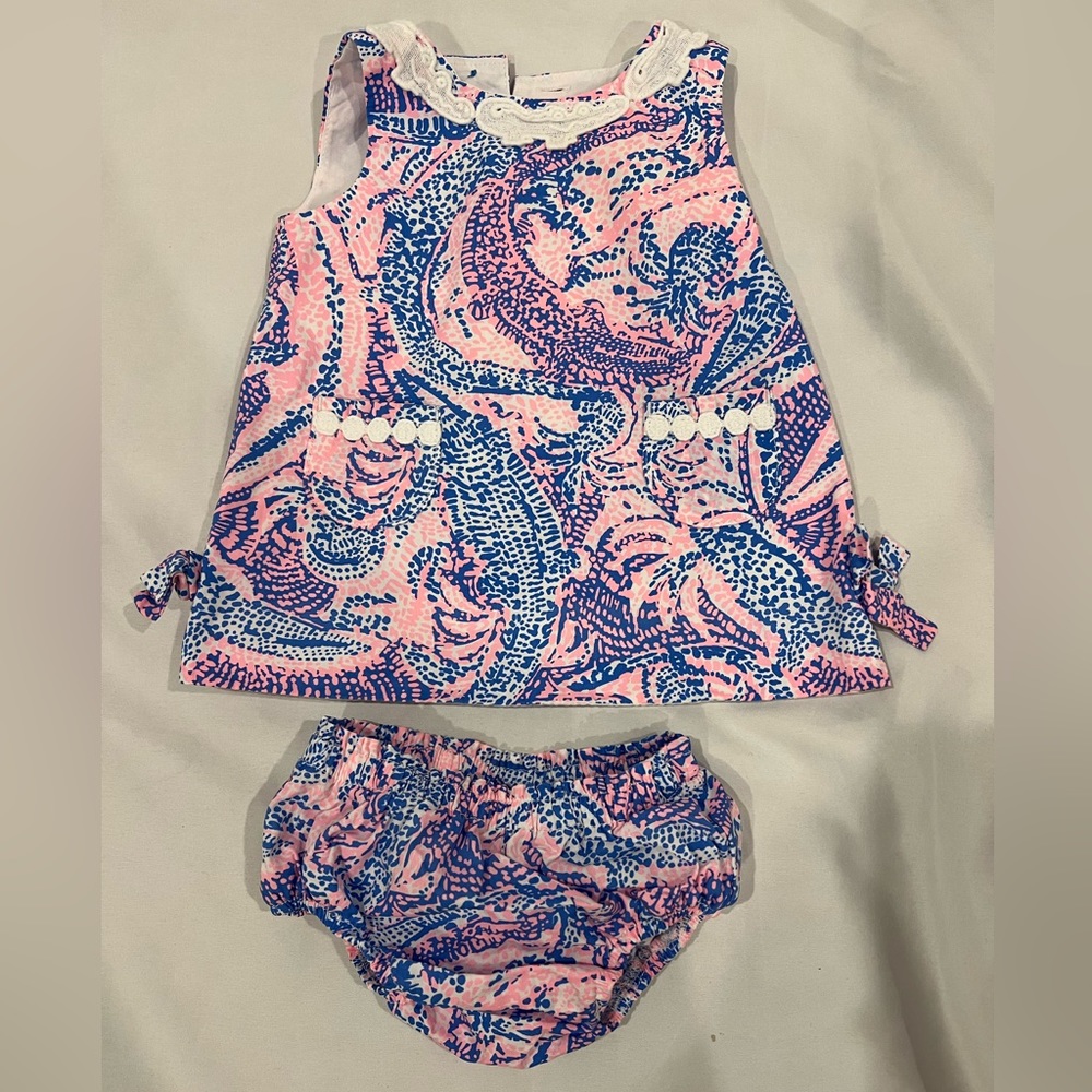 Lilly Pulitzer Baby Shift Dress- Coastal Blue Maybe Gator Print 3-6 months